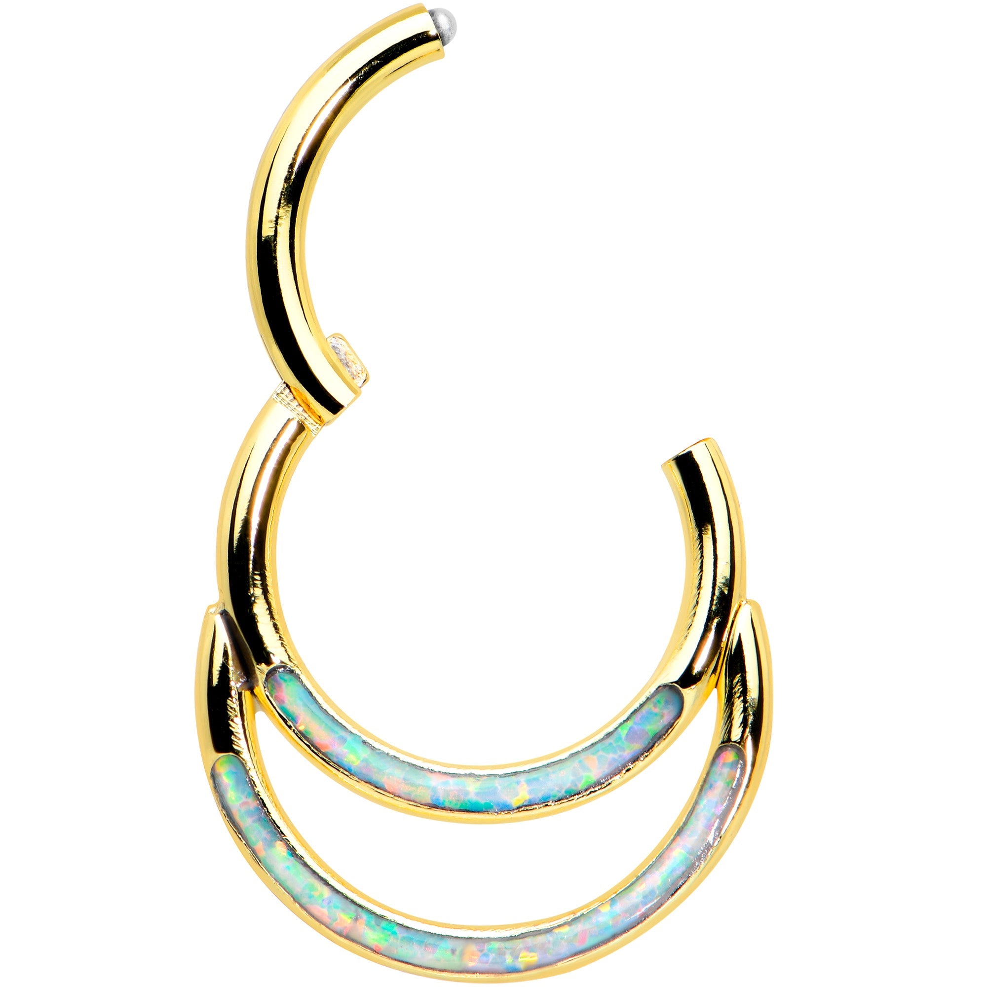 16G 5/16 Synth Opal Gold Tone Double Row Hinged Segment Ring