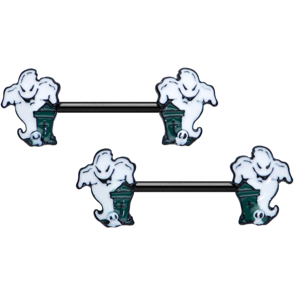 14G 9/16 Black Graveyard Ghost Halloween Barbell Nipple Ring Set