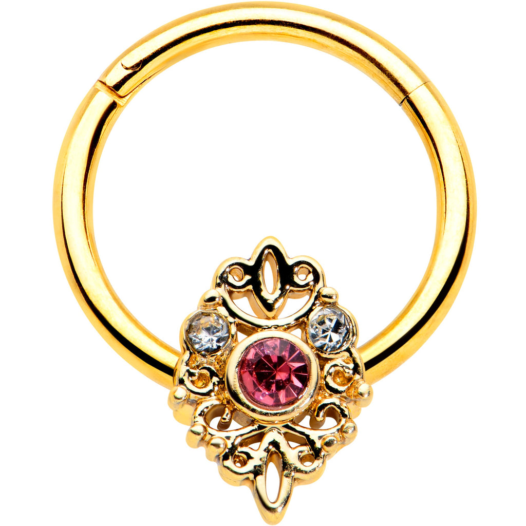 16G 3/8 Pink Clear Gem Gold Tone Lace Love Hinged Segment Ring