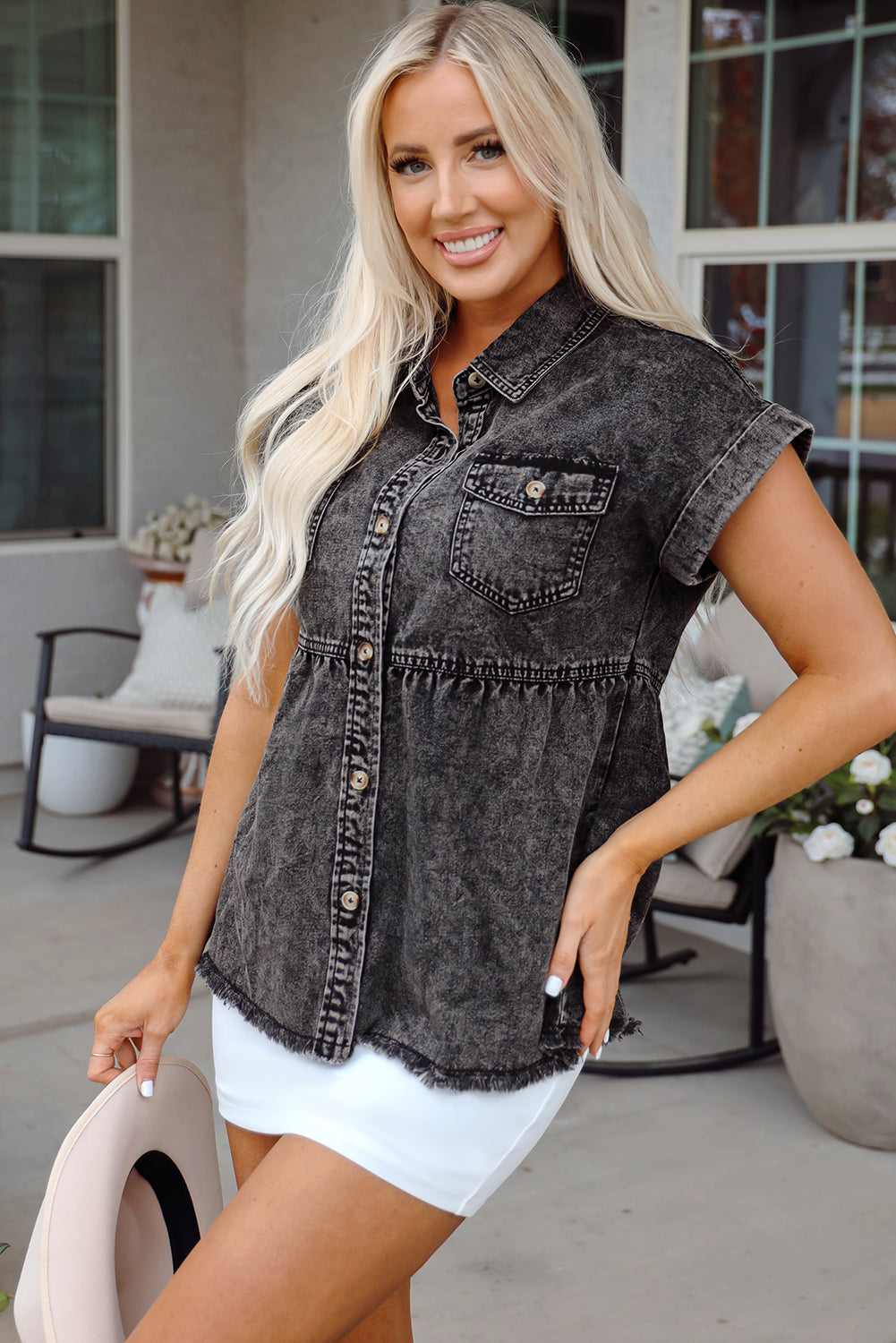 Chaya Flap Pocket Button Up Raw Hem Denim Shirt