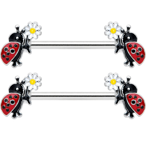 14G 1/2 Ladybug Daisy Flower Barbell Nipple Ring Set