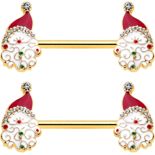 14G 1/2 Clear Gem Gold Tone Decorated Santa Barbell Nipple Ring Set