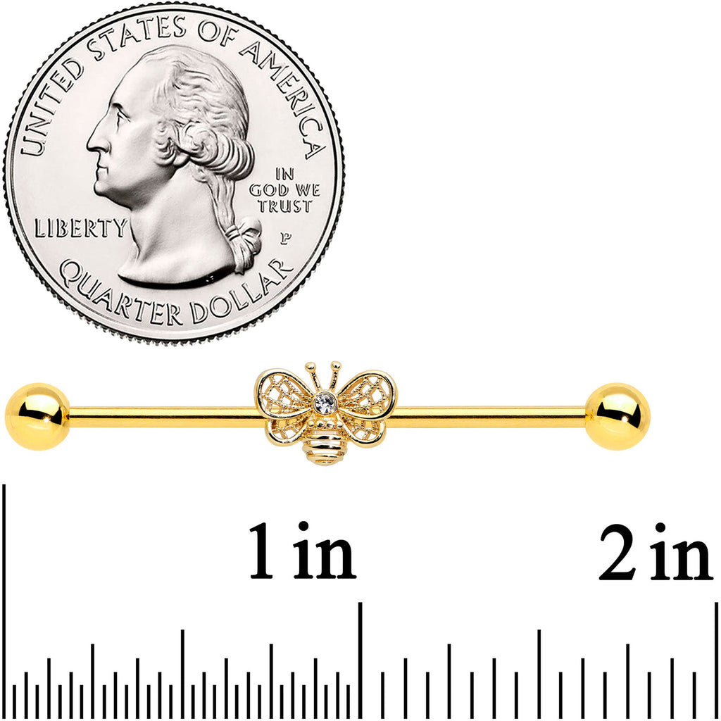 14G Clear Gem Gold Tone Beauty Bee Industrial Barbell 38mm