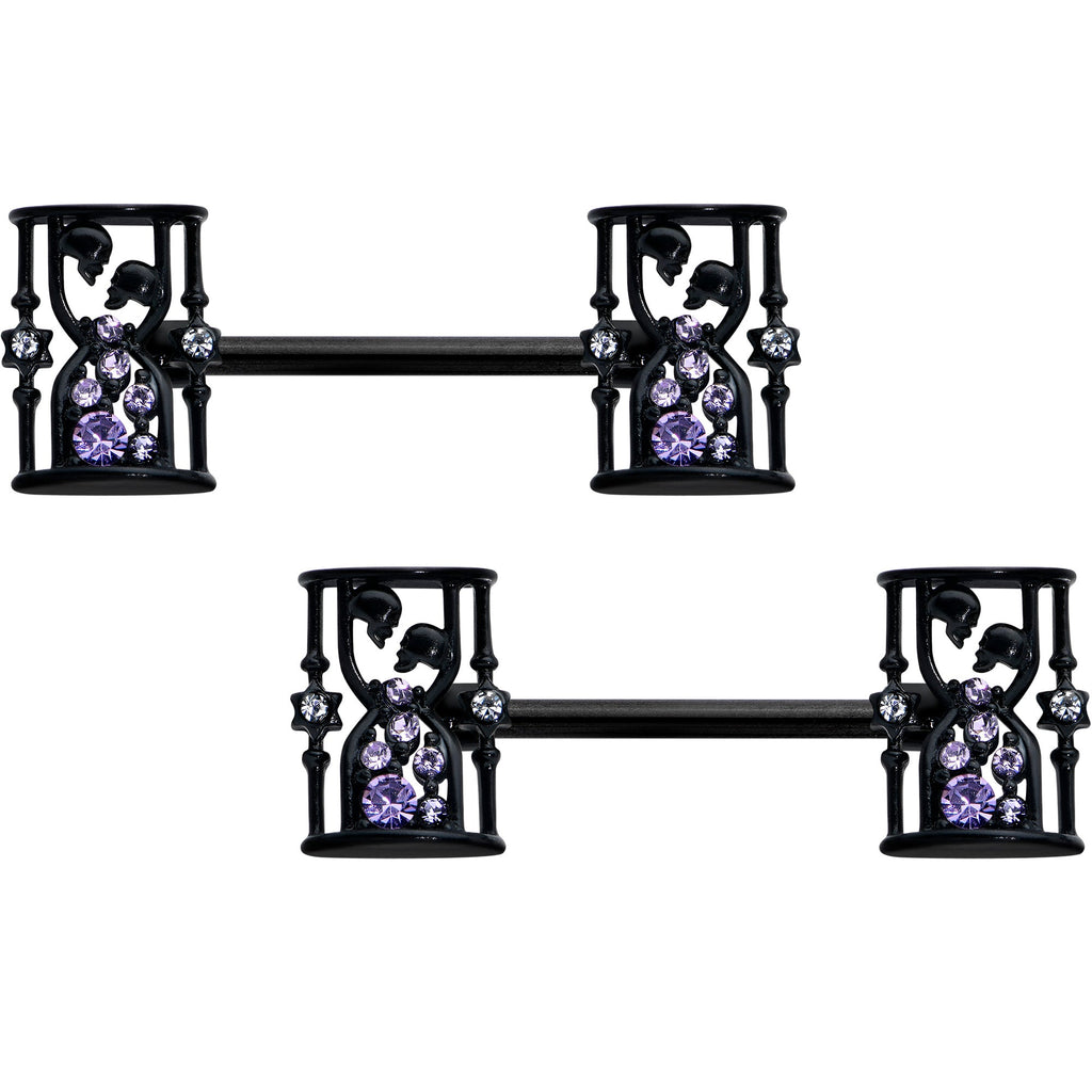 14G 9/16 Clear Purple Gem Black Gothic Hourglass Nipple Ring Set