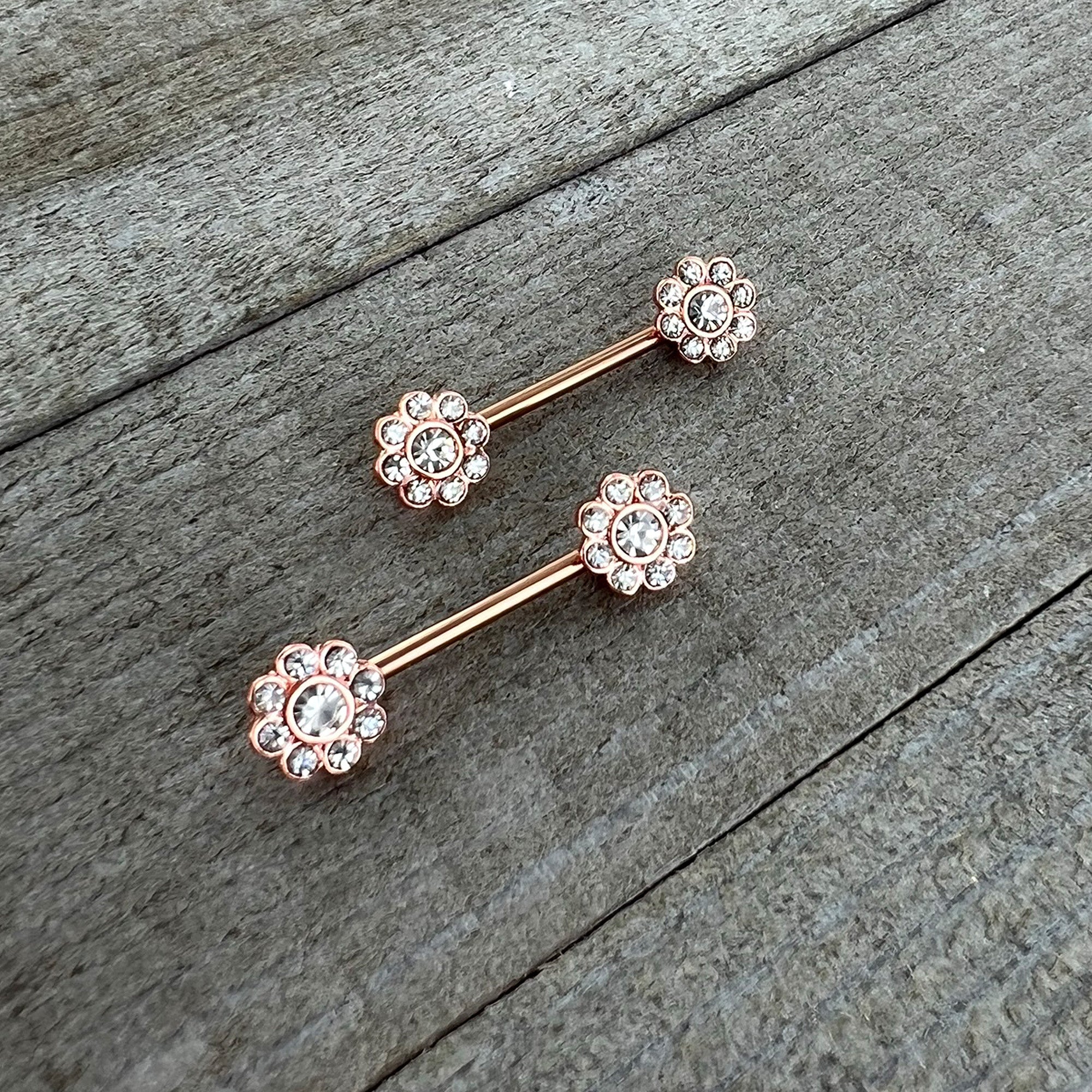 14G 9/16 Clear Gem Rosy Tone Whimsy Flower Barbell Nipple Ring Set