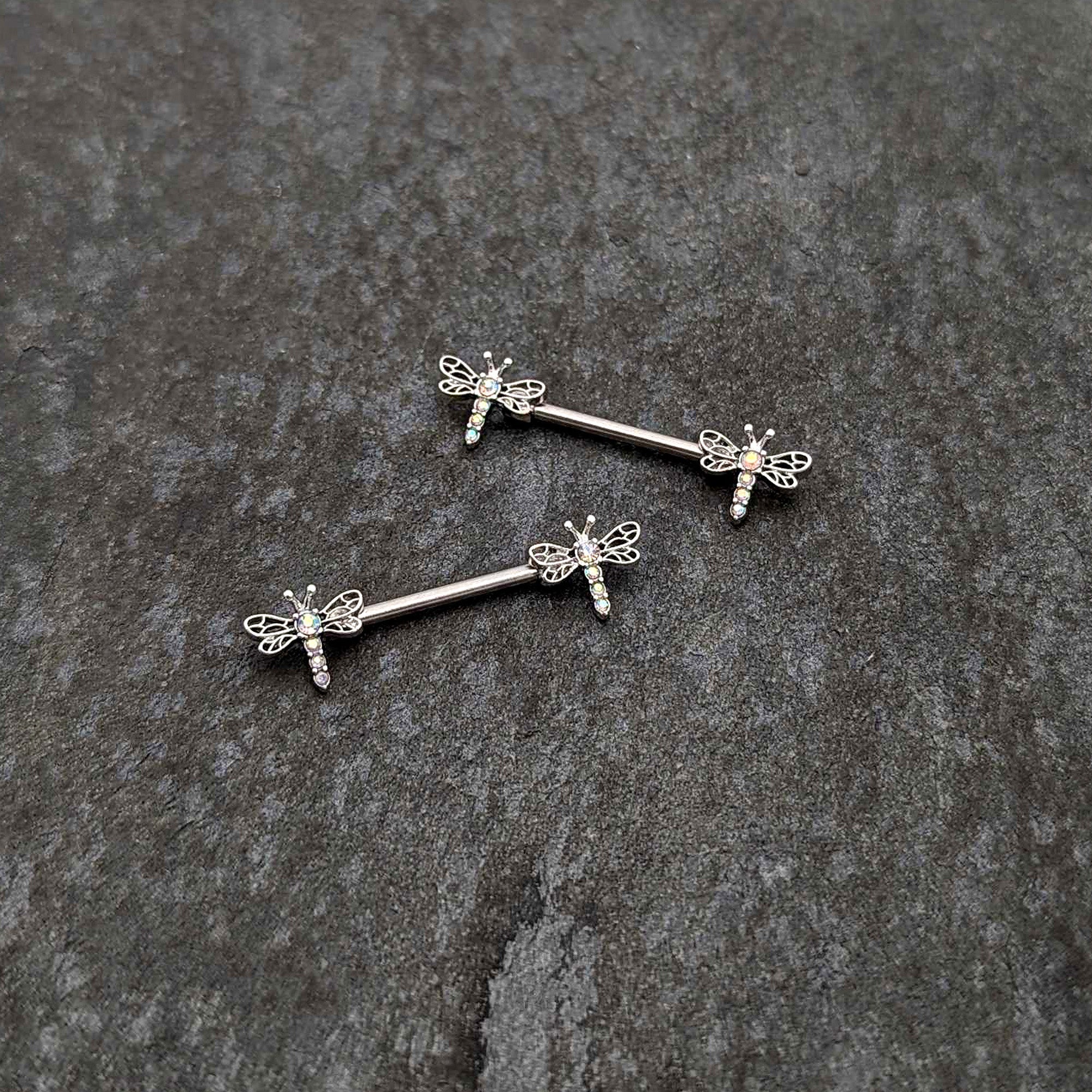 14G 9/16 Aurora Gem Ornate Dragonflies Barbell Nipple Ring Set