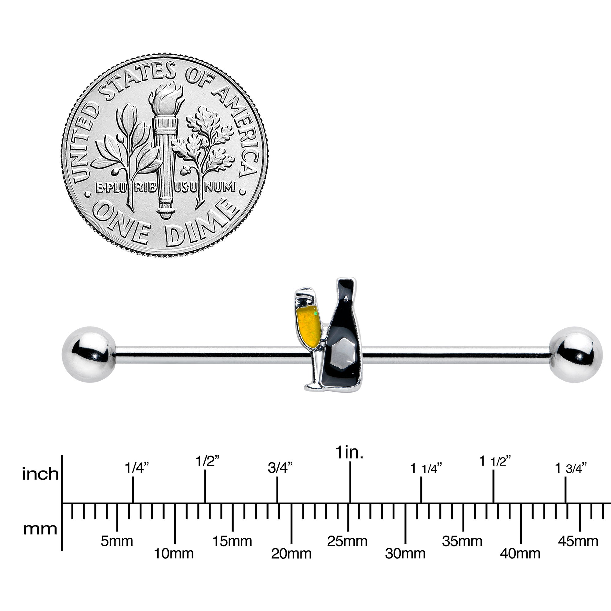 14G Champagne Bottle Flute Yellow Industrial Barbell 38mm