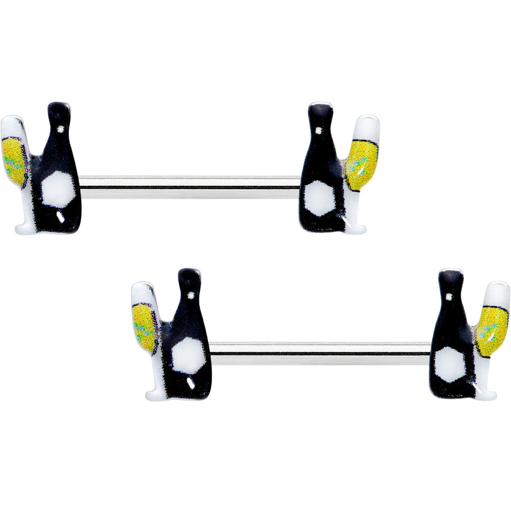 14G 9/16 Champagne Bottle Flute Yellow Barbell Nipple Ring Set