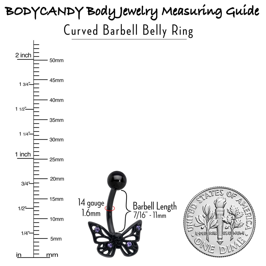 Purple CZ Gem Black Skull Butterfly Belly Ring