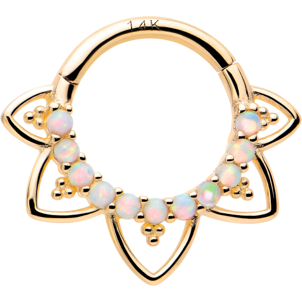 16G 5/16 White Synthetic Opal 14k Yellow Gold Filigree Hinged Segment Ring