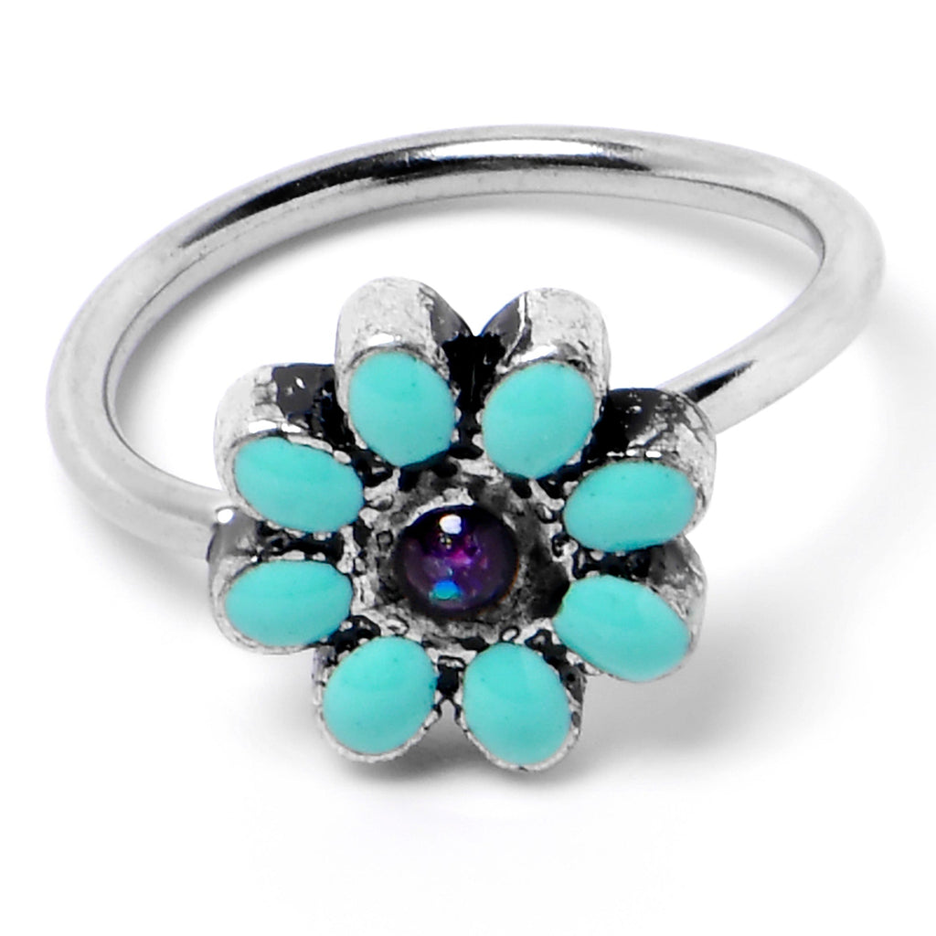 20G 5/16 Blue Gem Flower Teal Petals Nose Hoop