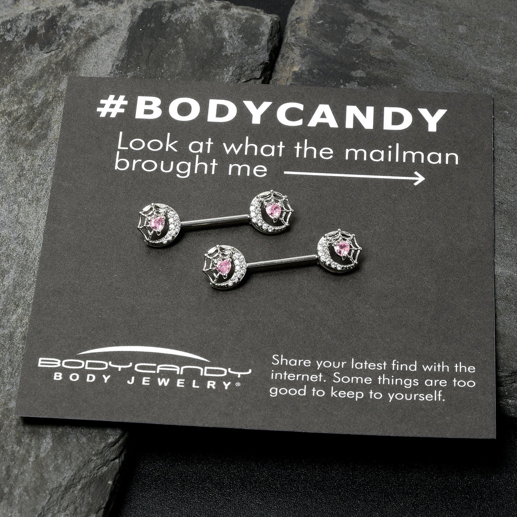 14G 9/16 Pink CZ Gem Heart Web Moon Barbell Nipple Ring Set