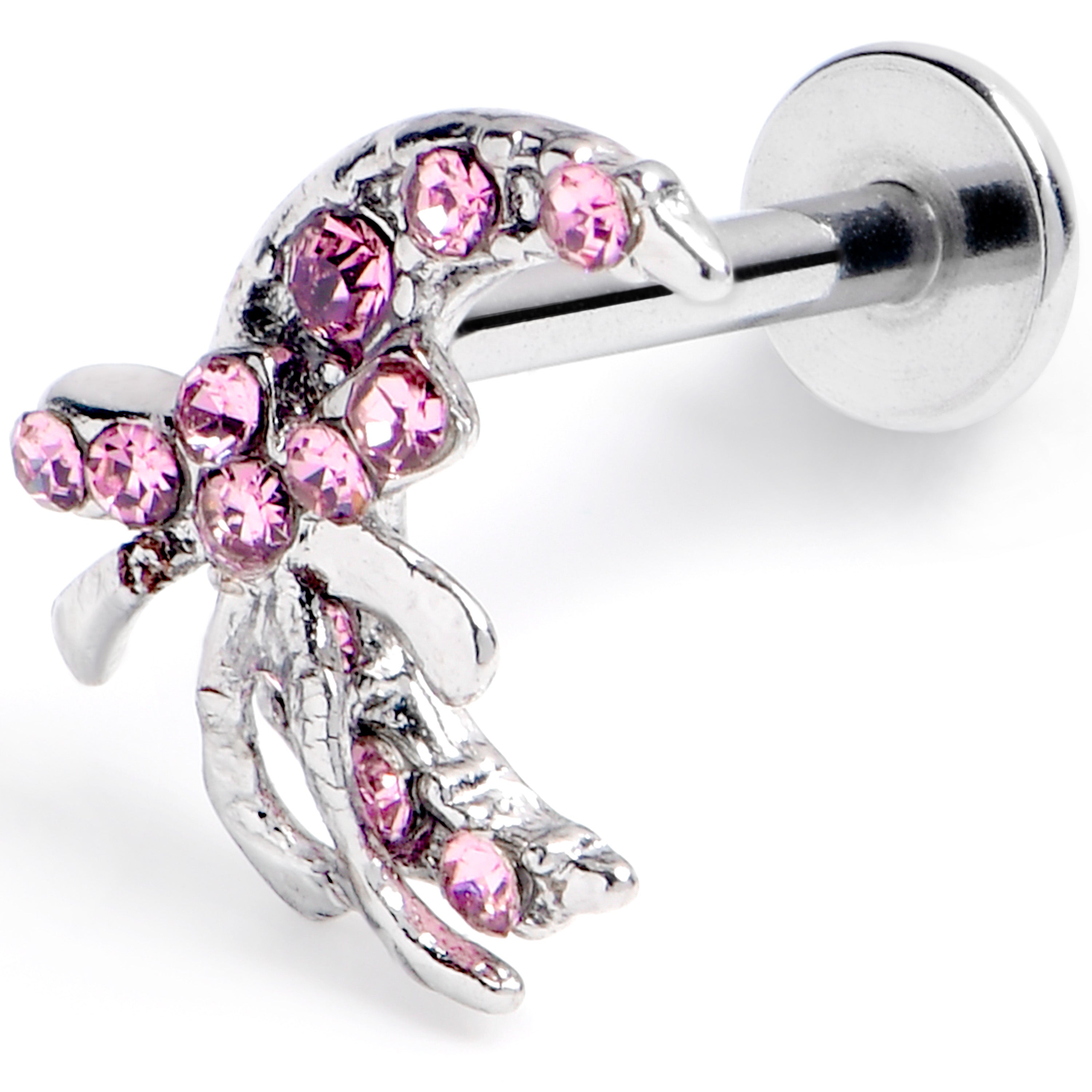 16G 5/16 Pink CZ Gem Bow Moon Labret Monroe Tragus