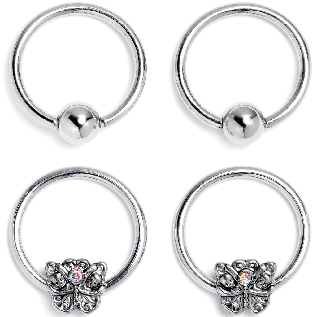 16G 3/8 Aurora Gem Butterfly Ornate BCR Captive Ring Set of 4