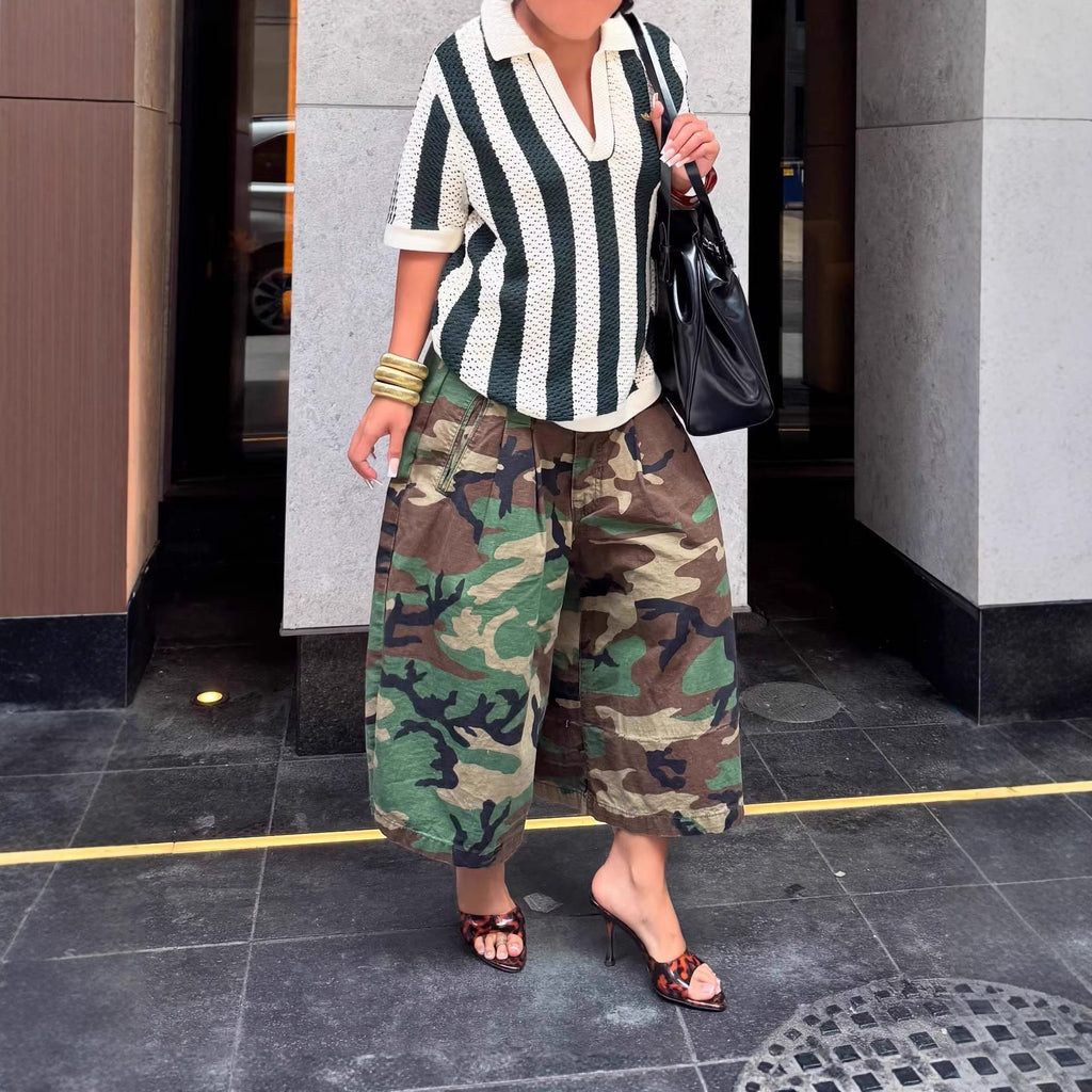 Women's Wide-Leg Cargo-Style Pants with Zipper & Button Detail