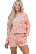 Pink Polka Dot Print Drop Shoulder Pullover Drawstring Shorts Set