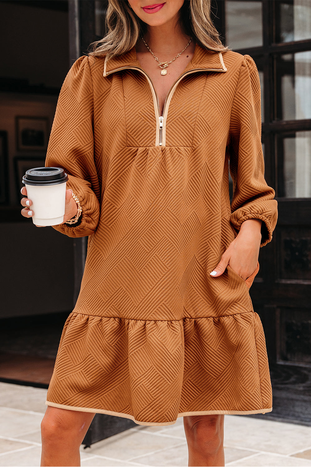 Danielle Zip Collar Textured Mini Dress