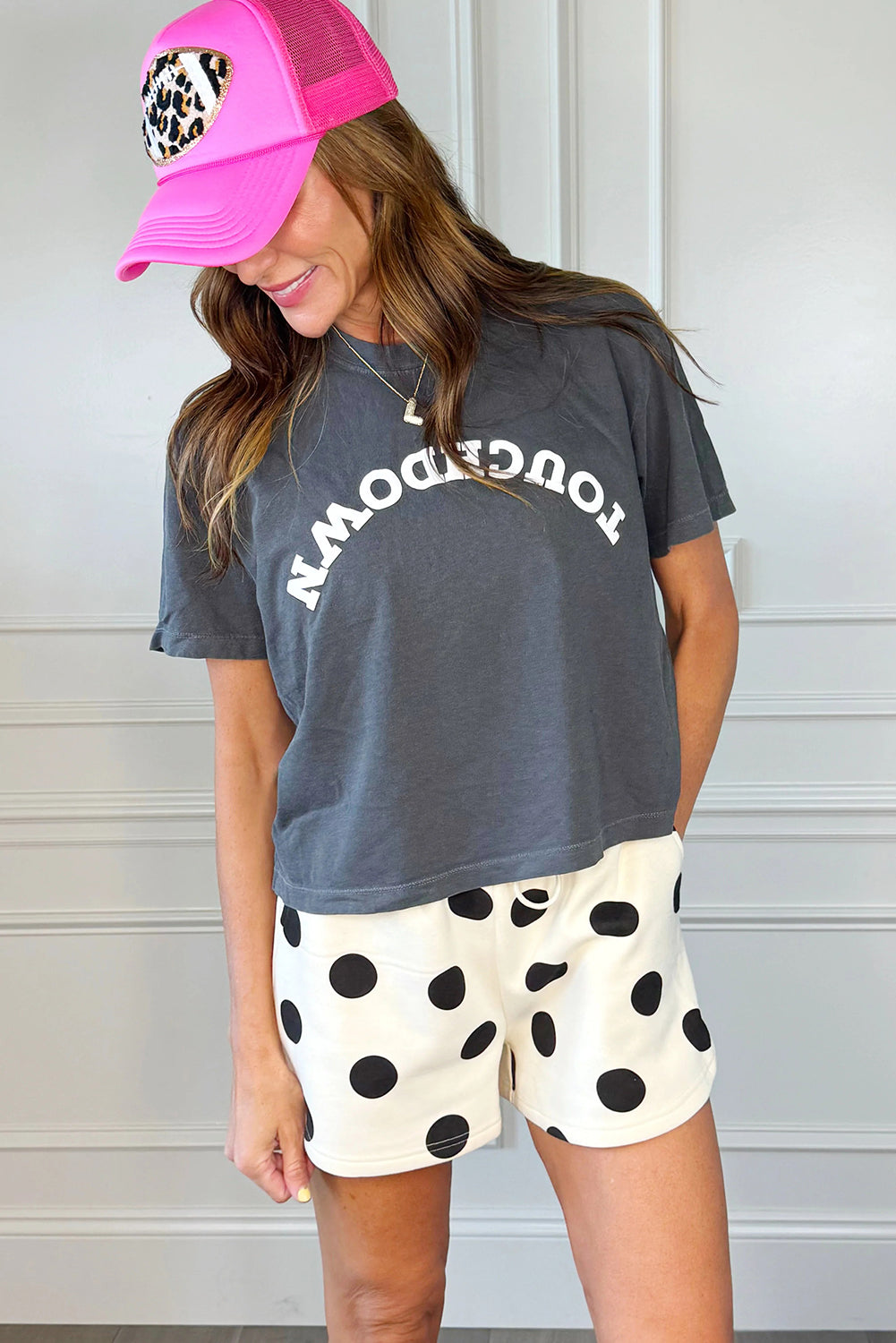 Pink Polka Dot Print Drop Shoulder Pullover Drawstring Shorts Set
