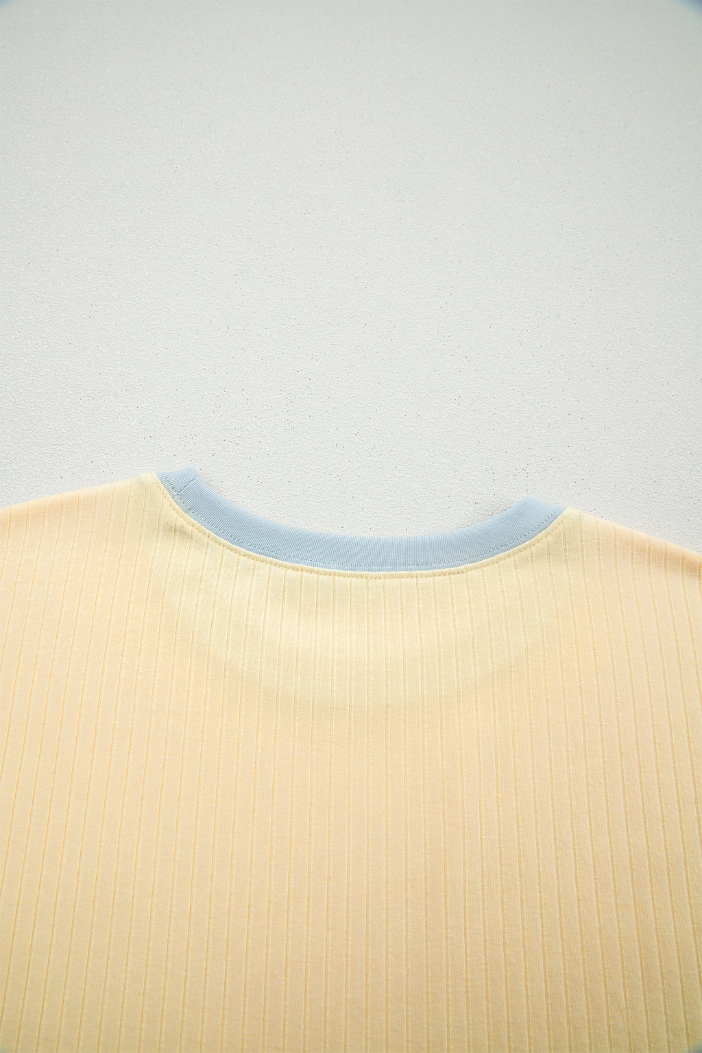 Yellow Cream Soft Ribbed Color Block Trim Casual Short Set