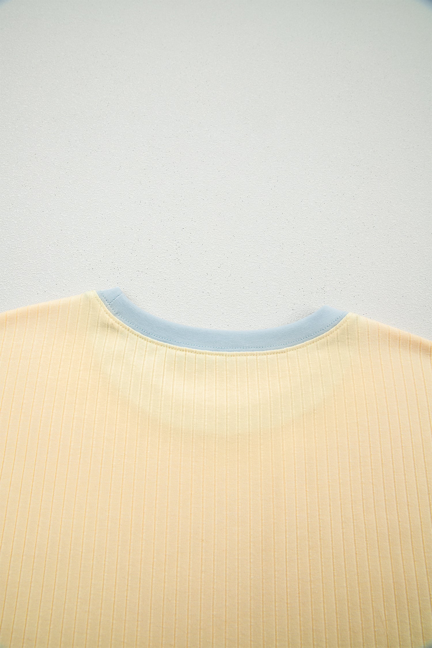 Yellow Cream Soft Ribbed Color Block Trim Casual Short Set