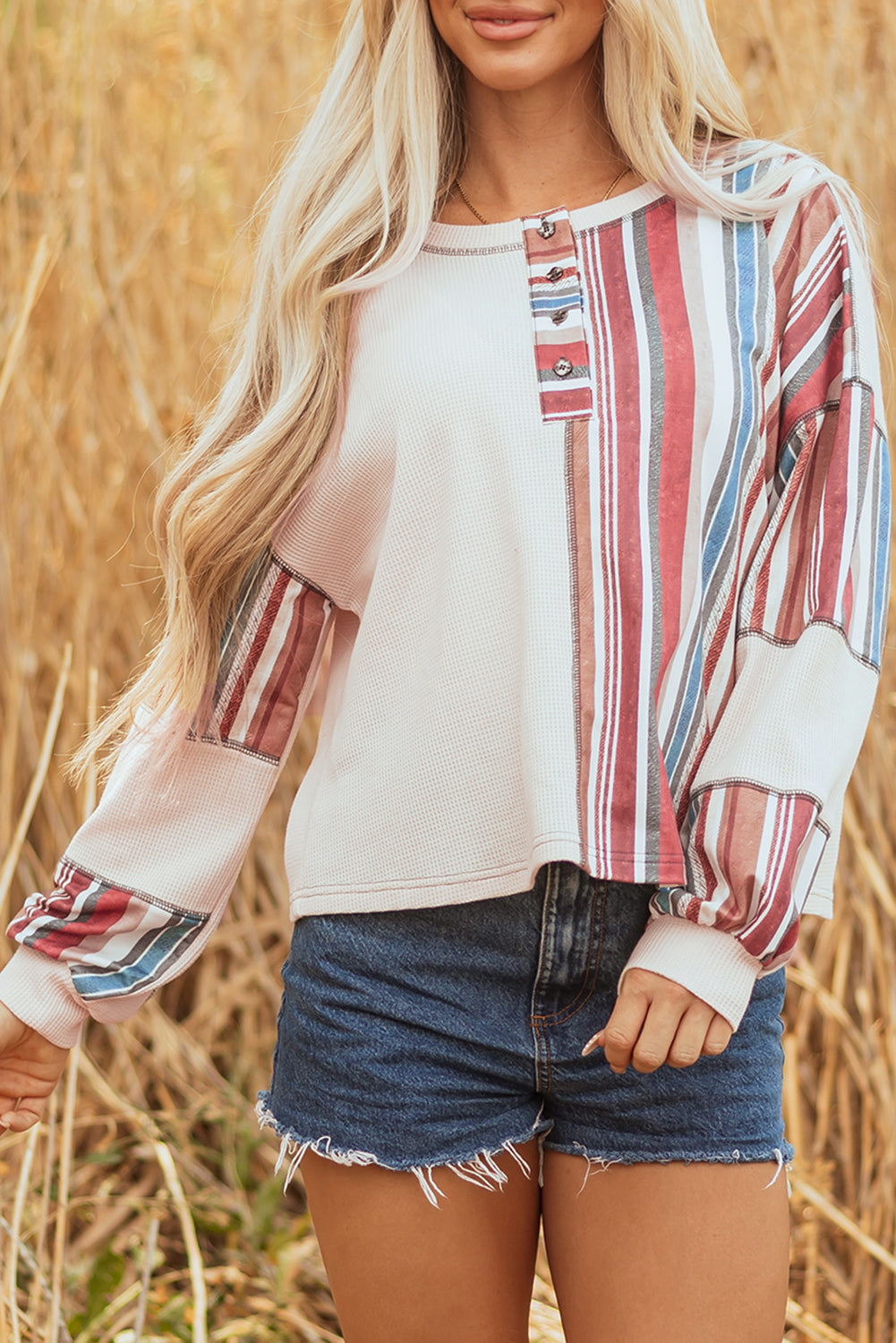 Elizabeth Striped Waffle Exposed Seam Casual Knit Top