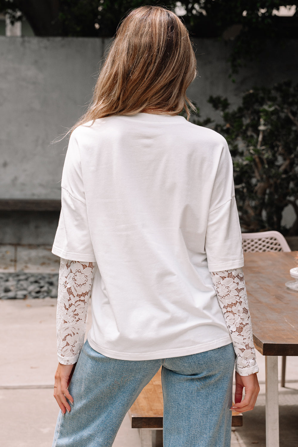 Hallie Lace Long Sleeve Insert Drop Shoulder Top
