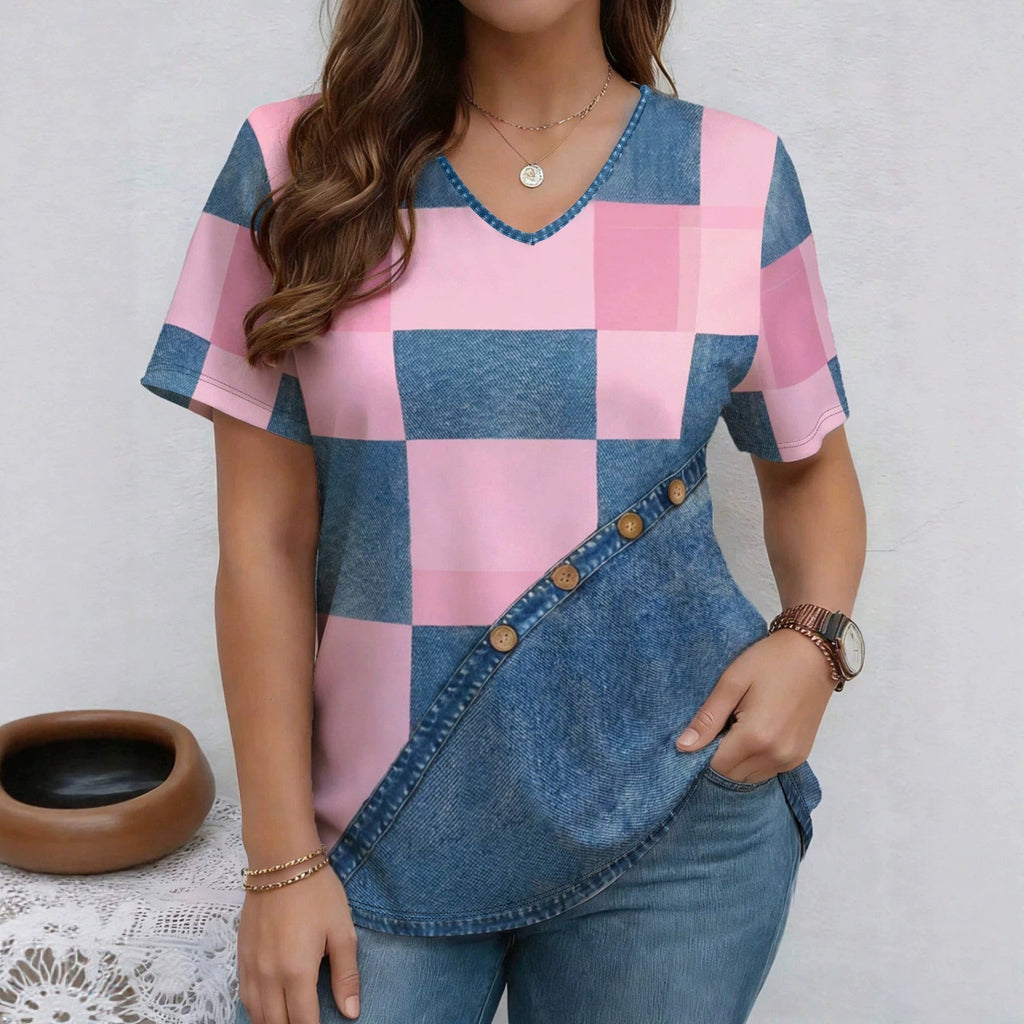 V-Neck Denim Print Short Sleeve T-Shirt | Loose Casual Tee