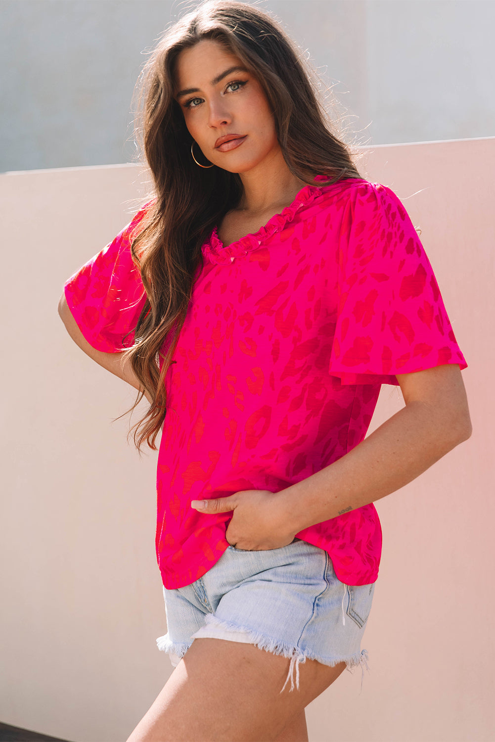 Laurel Leopard Frilly V Neck Short Sleeve Blouse