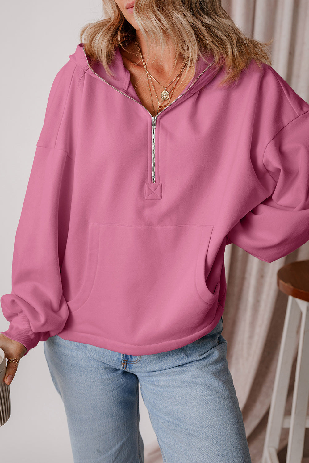 Kate Fleece Lined Half Zipper Kangaroo Pockets Loose Hoodie