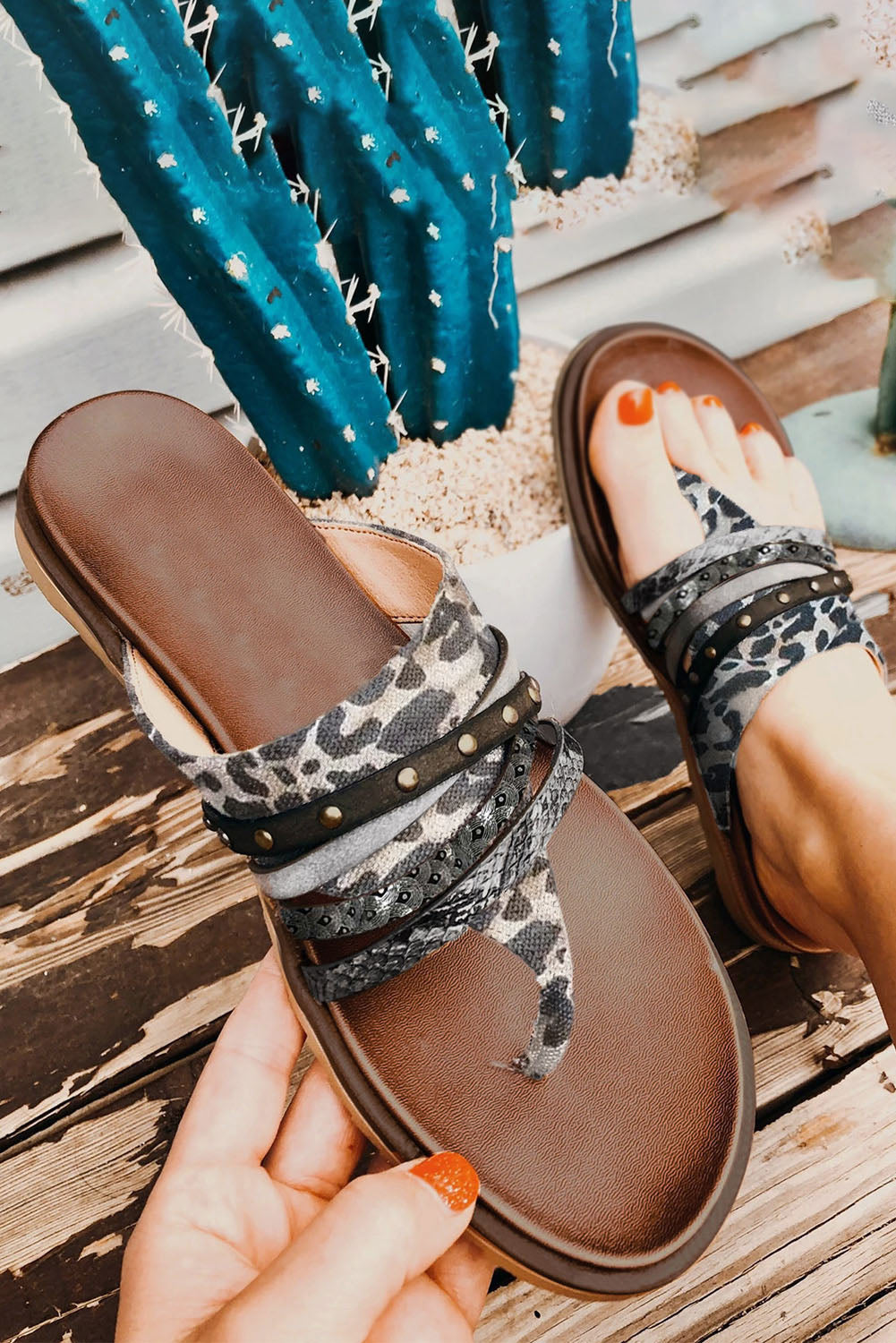 Annie Studded Animal Print Flip Flops