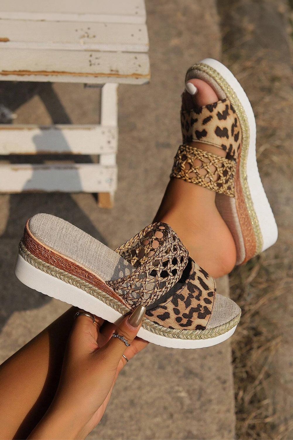 Floral Print Braided Details Wedge Slippers