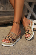 Floral Print Braided Details Wedge Slippers