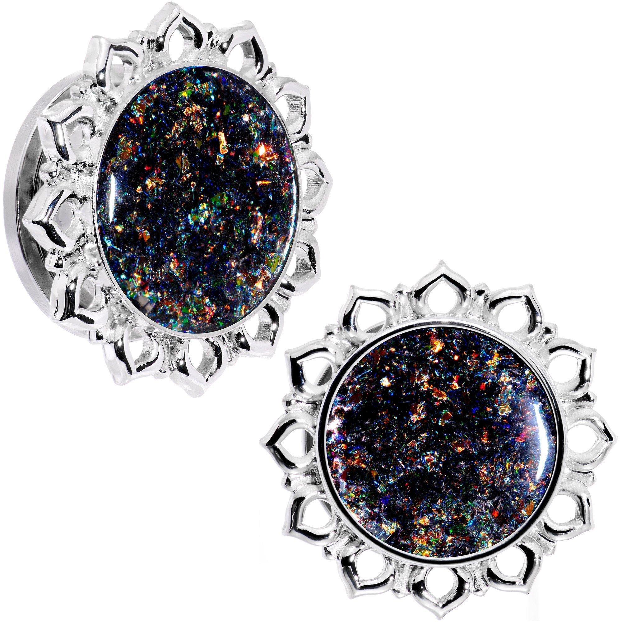 Handcrafted Black Faux Opal Mandala Screw Fit Plug Set Sizes 8mm to 20mm