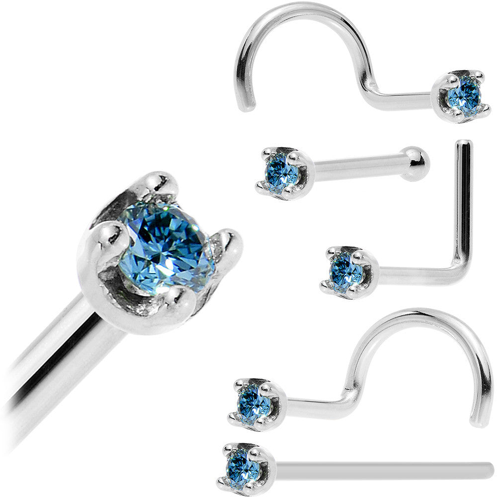Solid 14K White Gold 1.5mm Genuine Blue Diamond Nose Ring