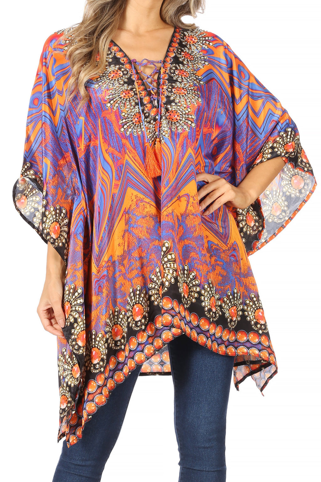 Stylish Rhinestone Lace-Up V-Neck Women's Caftan Poncho Cover-Up by Sakkas Aymee