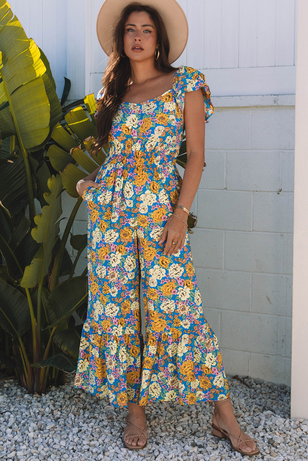 Amayah Allover Shirred Cut Out High Waist Jumpsuit
