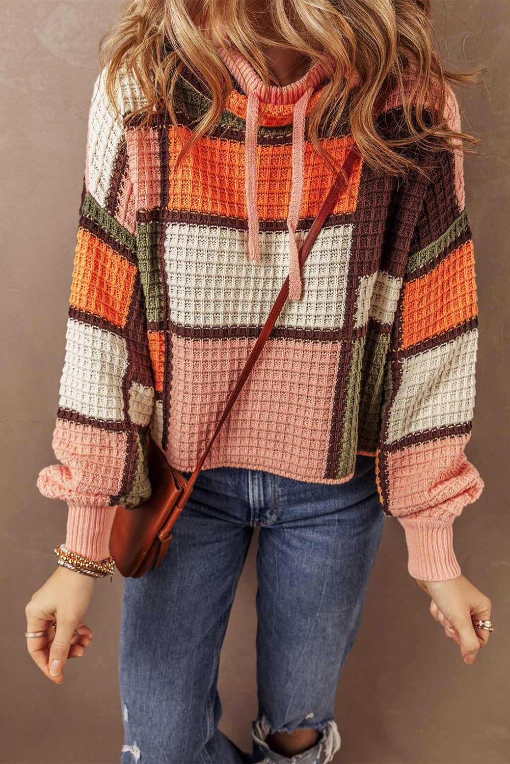 Zoey Waffle Knit Drawstring Mock Neck Sweater
