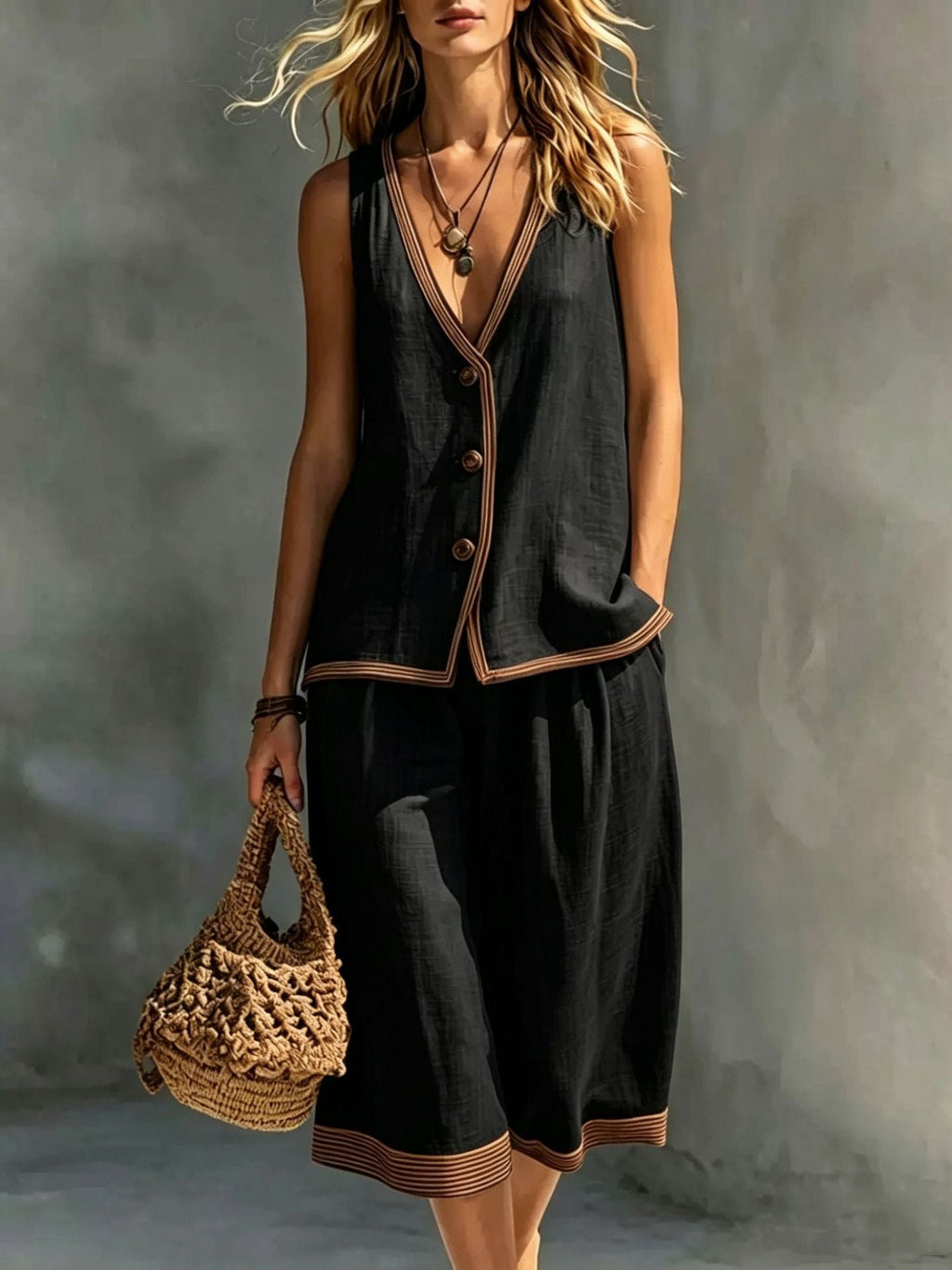 Women's Sleeveless Buttoned Vest & Shorts Two-Piece Set