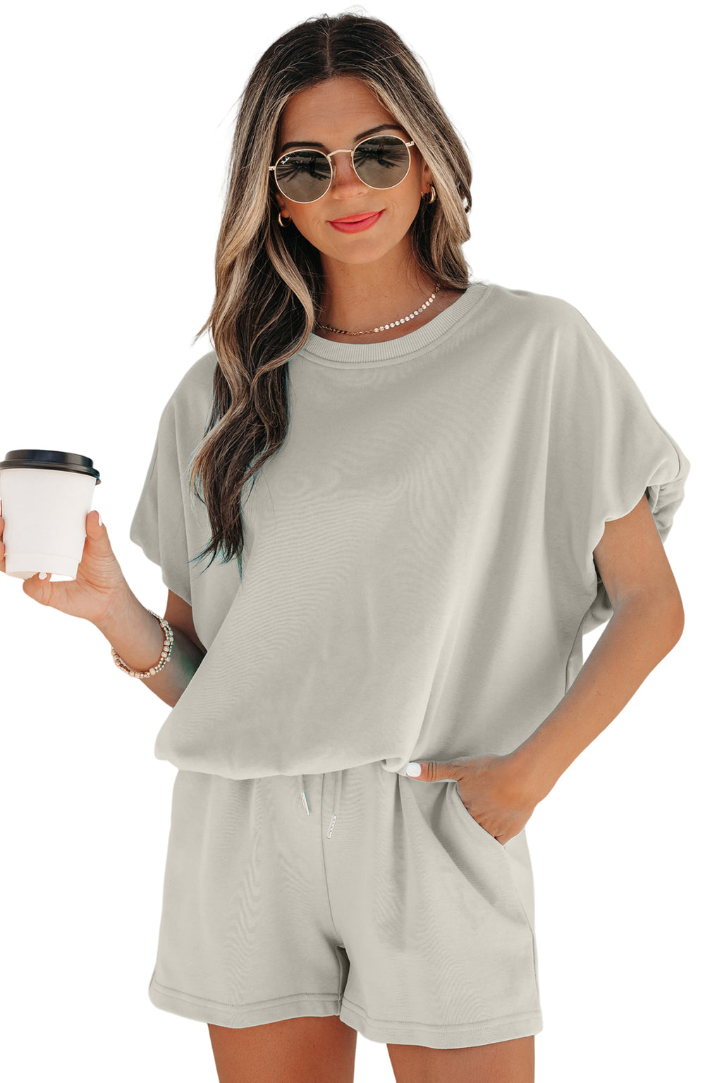 Light Blue Solid Color Puffy Loose Top Drawstring Shorts 2pcs Outfit