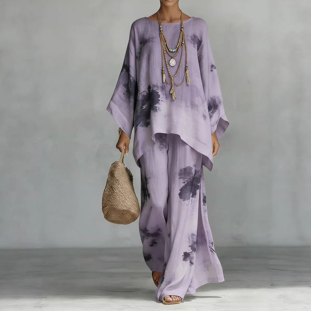 Floral Print Bamboo Linen Two-Piece Set | Wide-Leg Pants