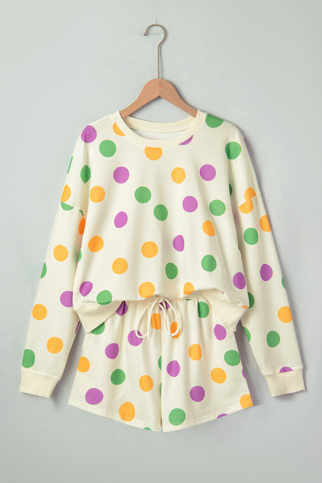 Pink Polka Dot Print Drop Shoulder Pullover Drawstring Shorts Set