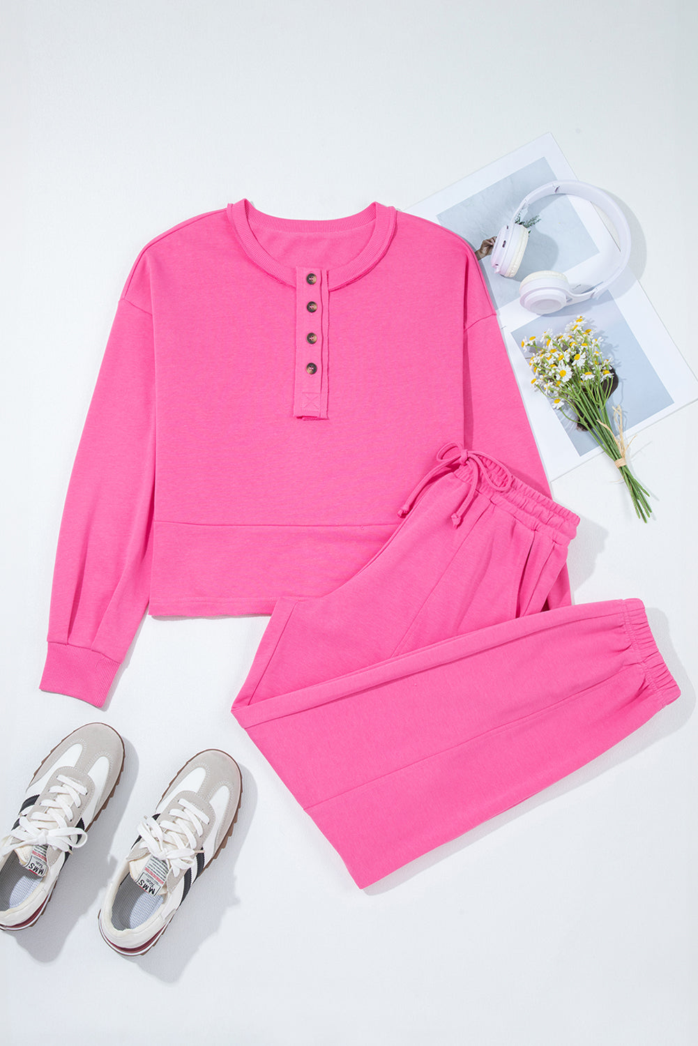 Vera Raw Edge Half Buttons Pullover and Jogger Pants Set