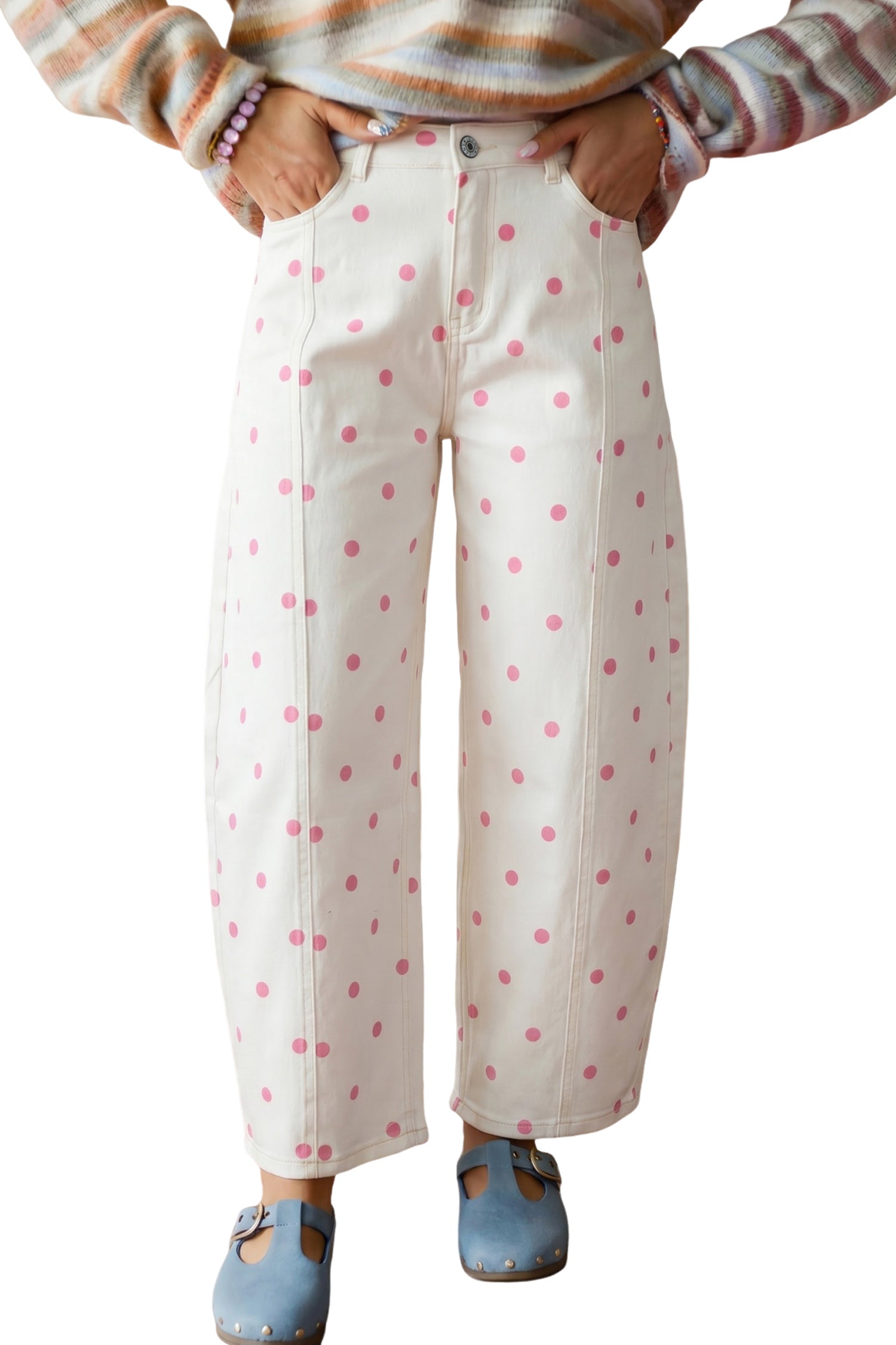 Brown Tailored Seam Polka Dot Print Barrel Casual Jeans