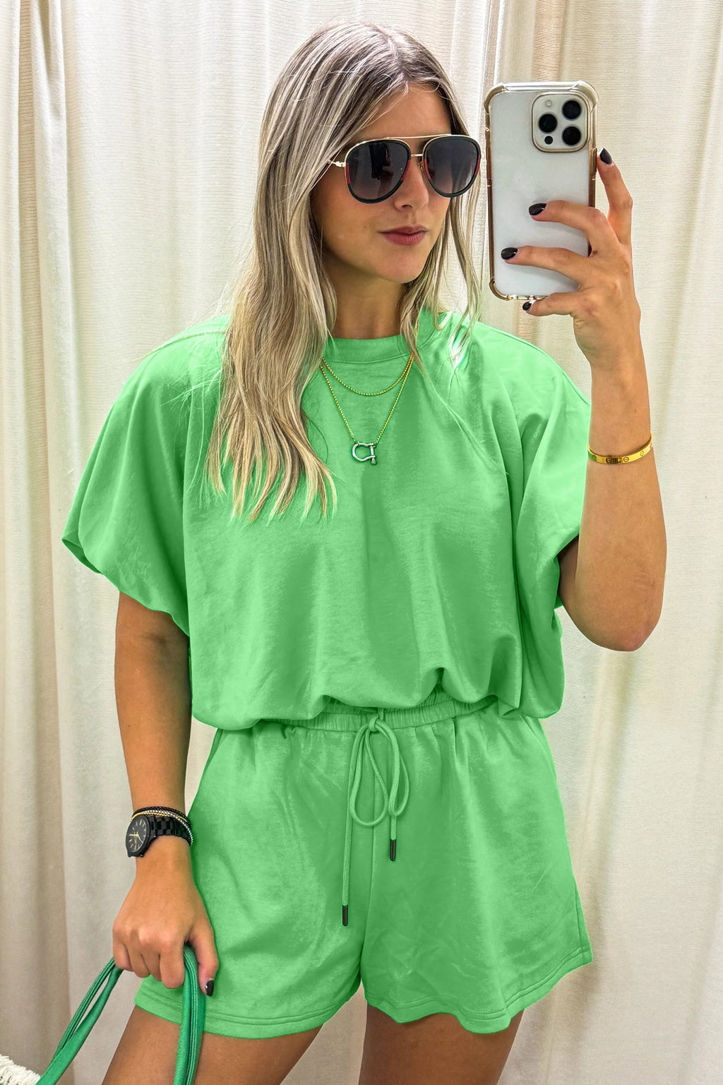 Light Blue Solid Color Puffy Loose Top Drawstring Shorts 2pcs Outfit