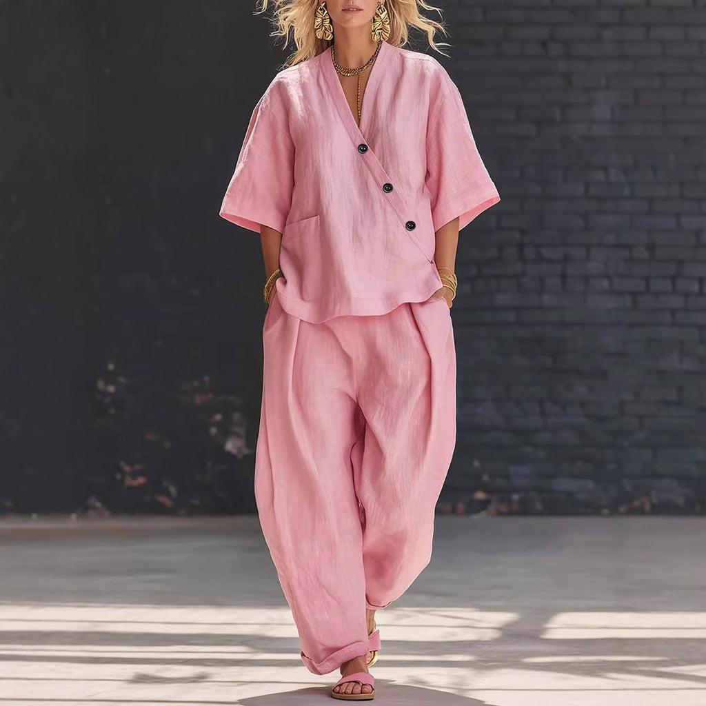 V-Neck Short Sleeve Top & High-Waist Trousers Two-Piece Set