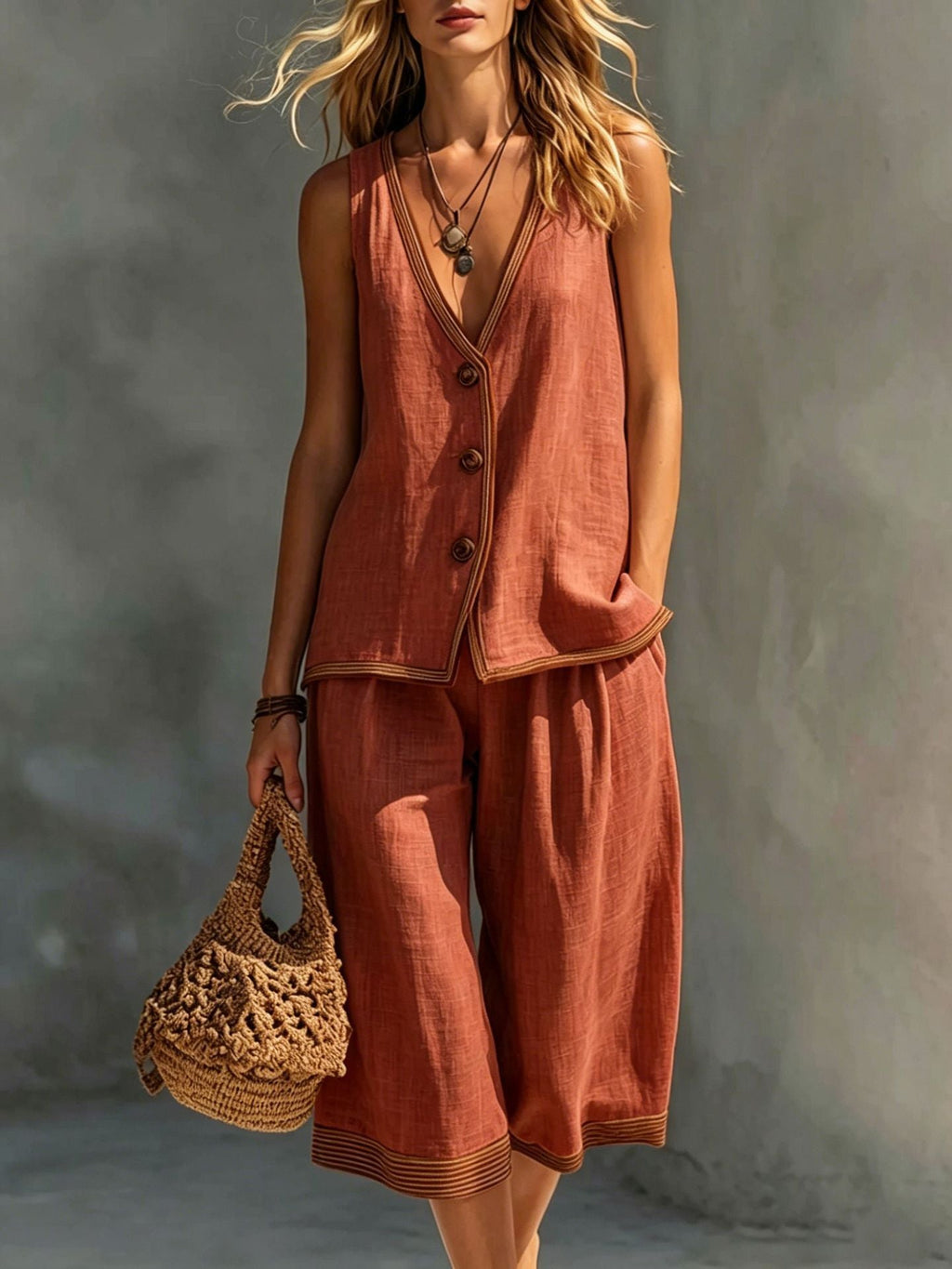 Women's Sleeveless Buttoned Vest & Shorts Two-Piece Set