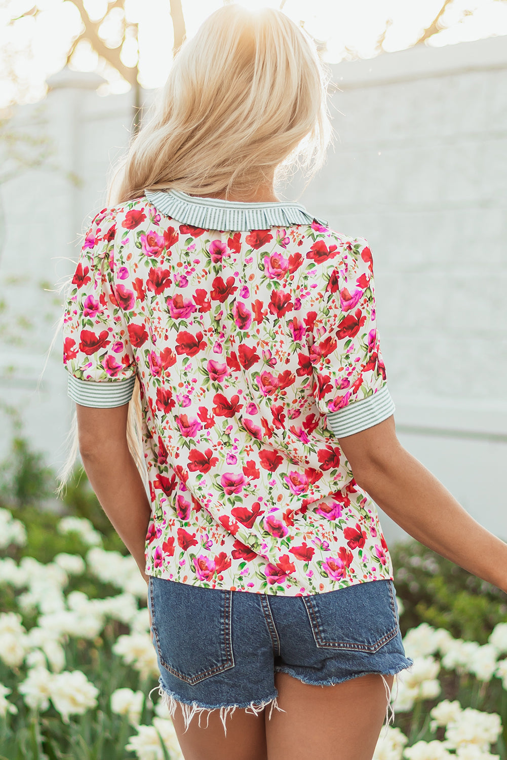 Romy Floral Striped Patchwork Collared Short Sleeve Blouse