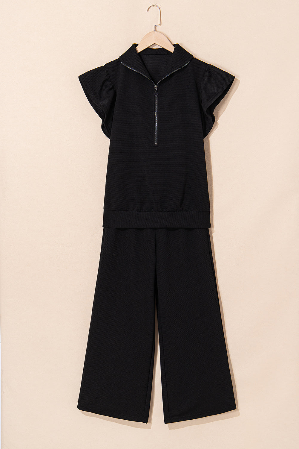 Kallie Ruffled Sleeve Zipped Top and Wide Leg Pants Set